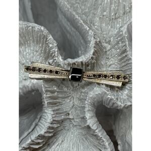 925 Sterling Silver Onyx & Marcasite Brooch Length 1.8 Inch